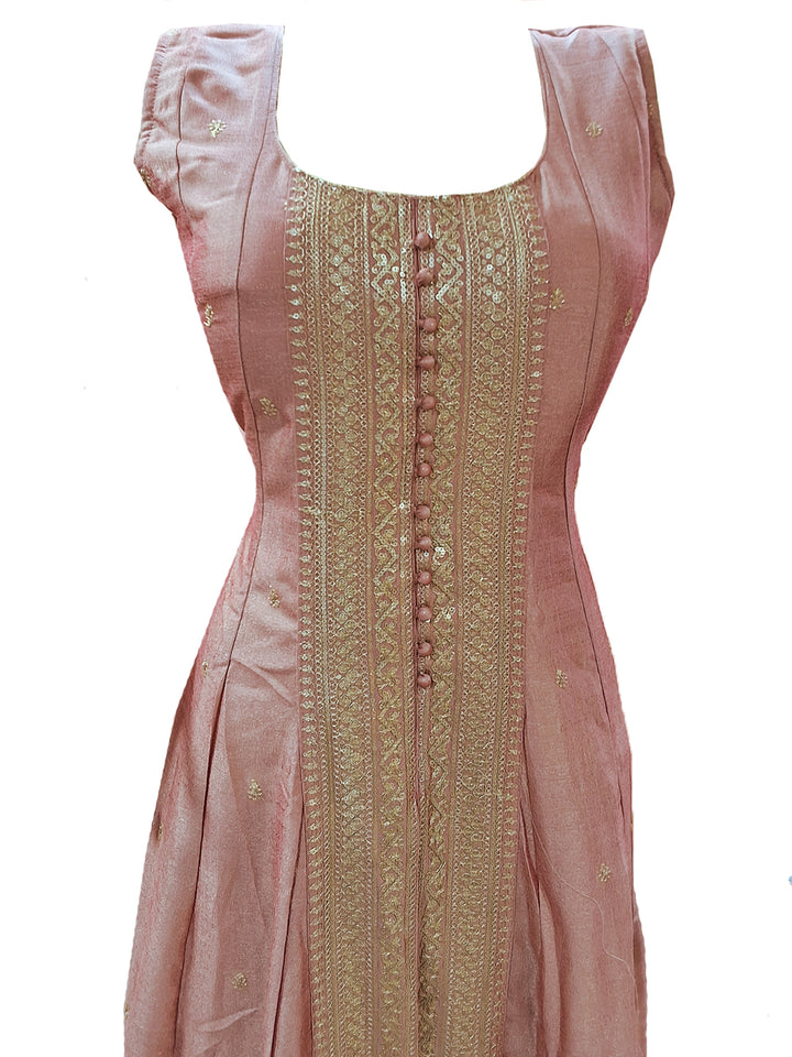 Silk Zari Embroidered Slit Kurta with Pant and Dupatta in Dusty Pink