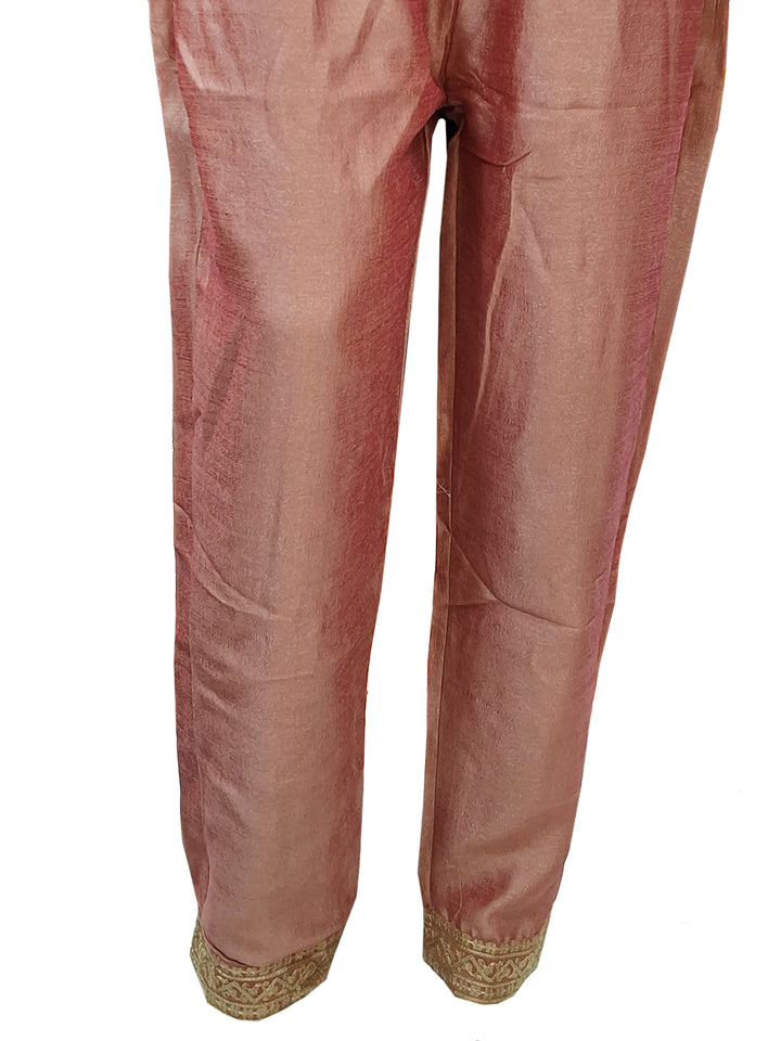 Silk Zari Embroidered Slit Kurta with Pant and Dupatta in Dusty Pink