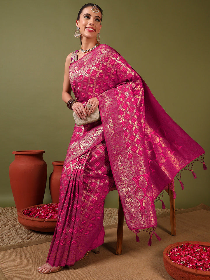 Chhabra 555 Banarasi Handloom Gharchola Saree with Golden Zari Meenakari Weaving & Jhalar Pallu