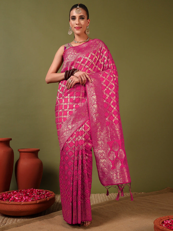 Banarasi Handloom Gharchola Saree with Golden Zari Meenakari Weaving & Jhalar Pallu