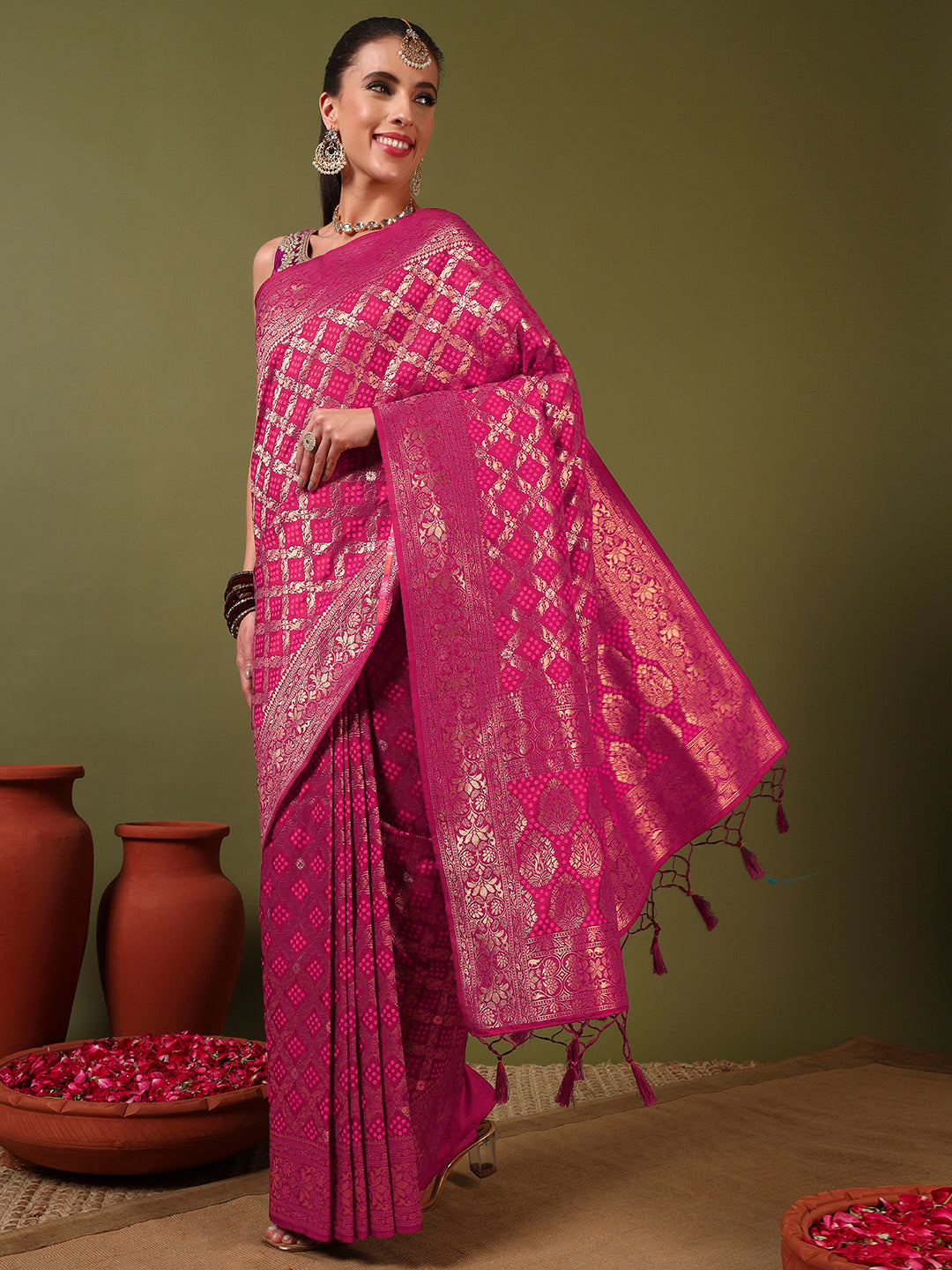 Banarasi Handloom Gharchola Saree with Golden Zari Meenakari Weaving & Jhalar Pallu
