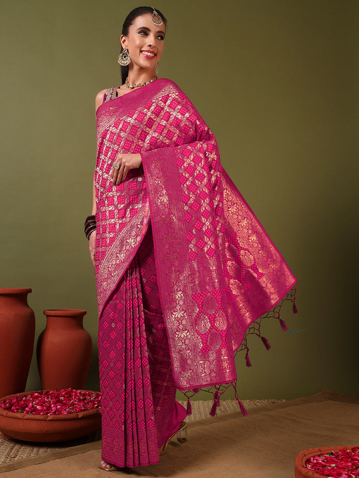 Banarasi Handloom Gharchola Saree with Golden Zari Meenakari Weaving & Jhalar Pallu