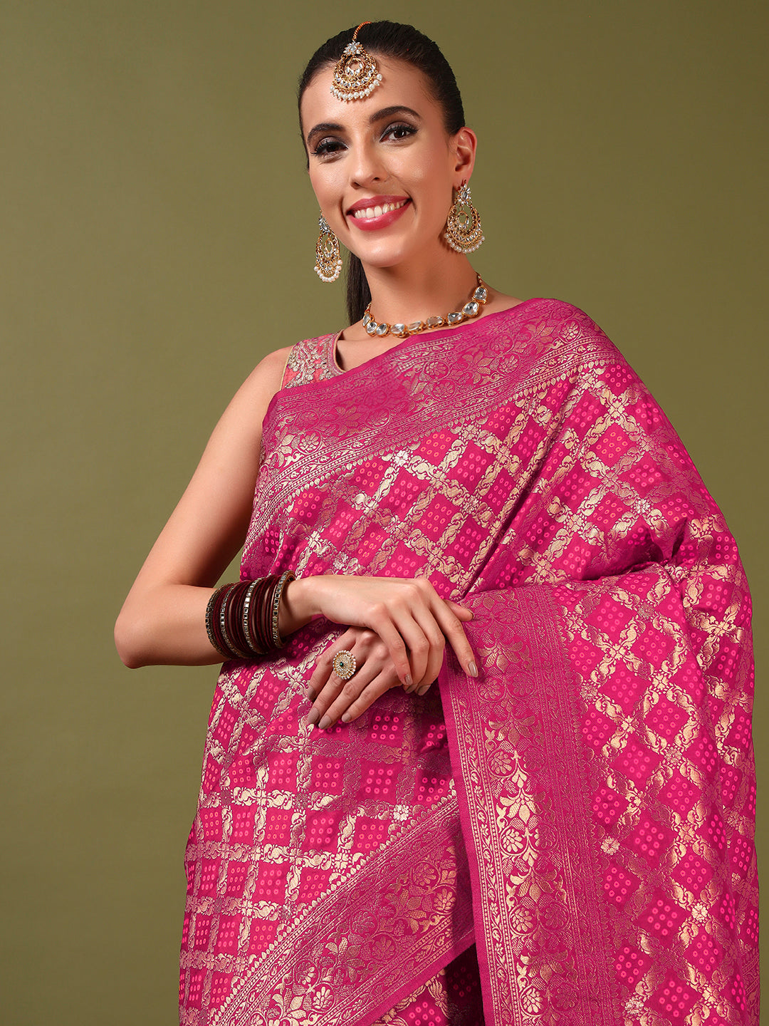 Banarasi Handloom Gharchola Saree with Golden Zari Meenakari Weaving & Jhalar Pallu