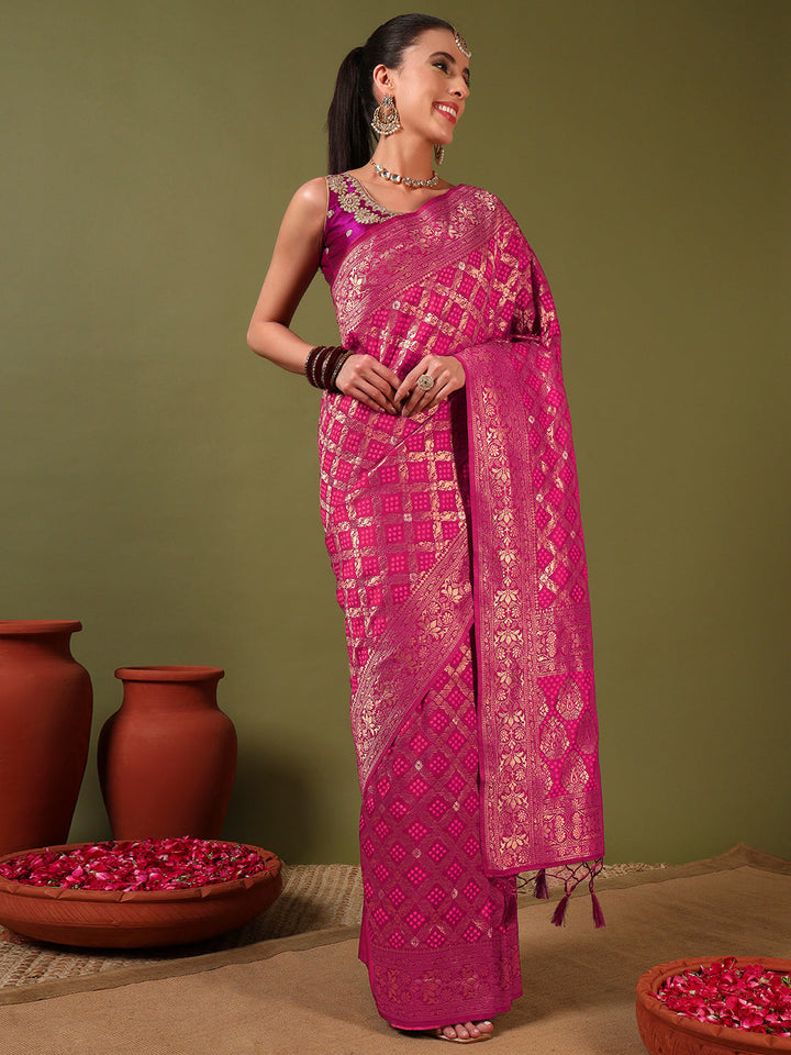 Banarasi Handloom Gharchola Saree with Golden Zari Meenakari Weaving & Jhalar Pallu