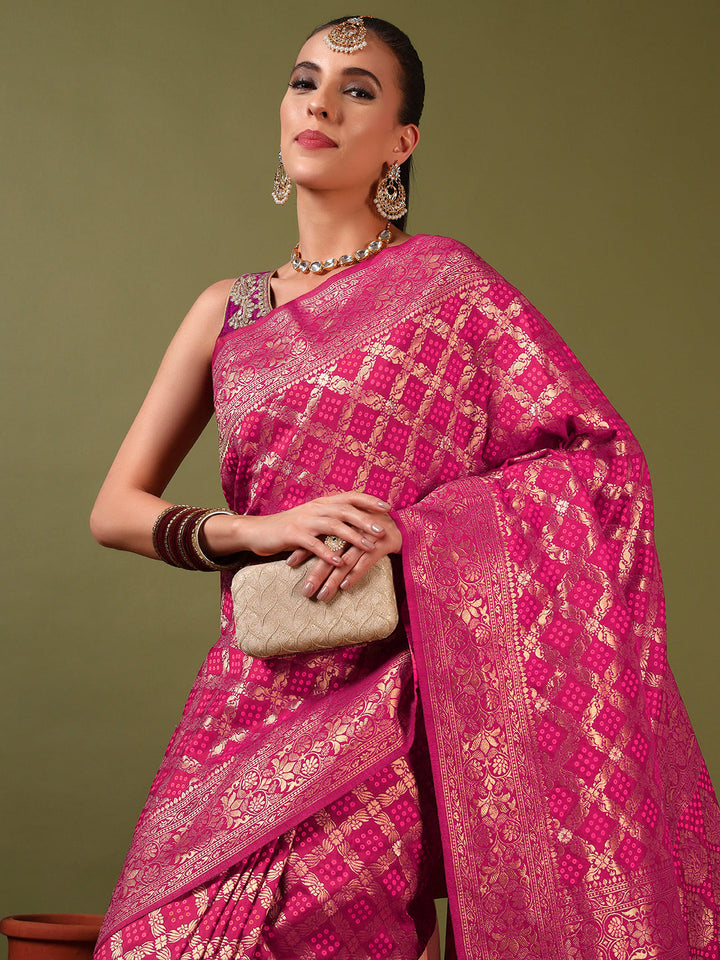 Banarasi Handloom Gharchola Saree with Golden Zari Meenakari Weaving & Jhalar Pallu
