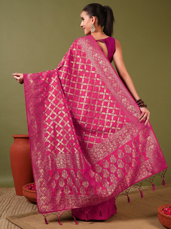 Banarasi Handloom Gharchola Saree with Golden Zari Meenakari Weaving & Jhalar Pallu