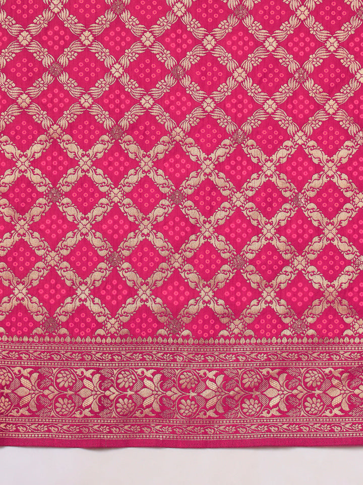 Banarasi Handloom Gharchola Saree with Golden Zari Meenakari Weaving & Jhalar Pallu