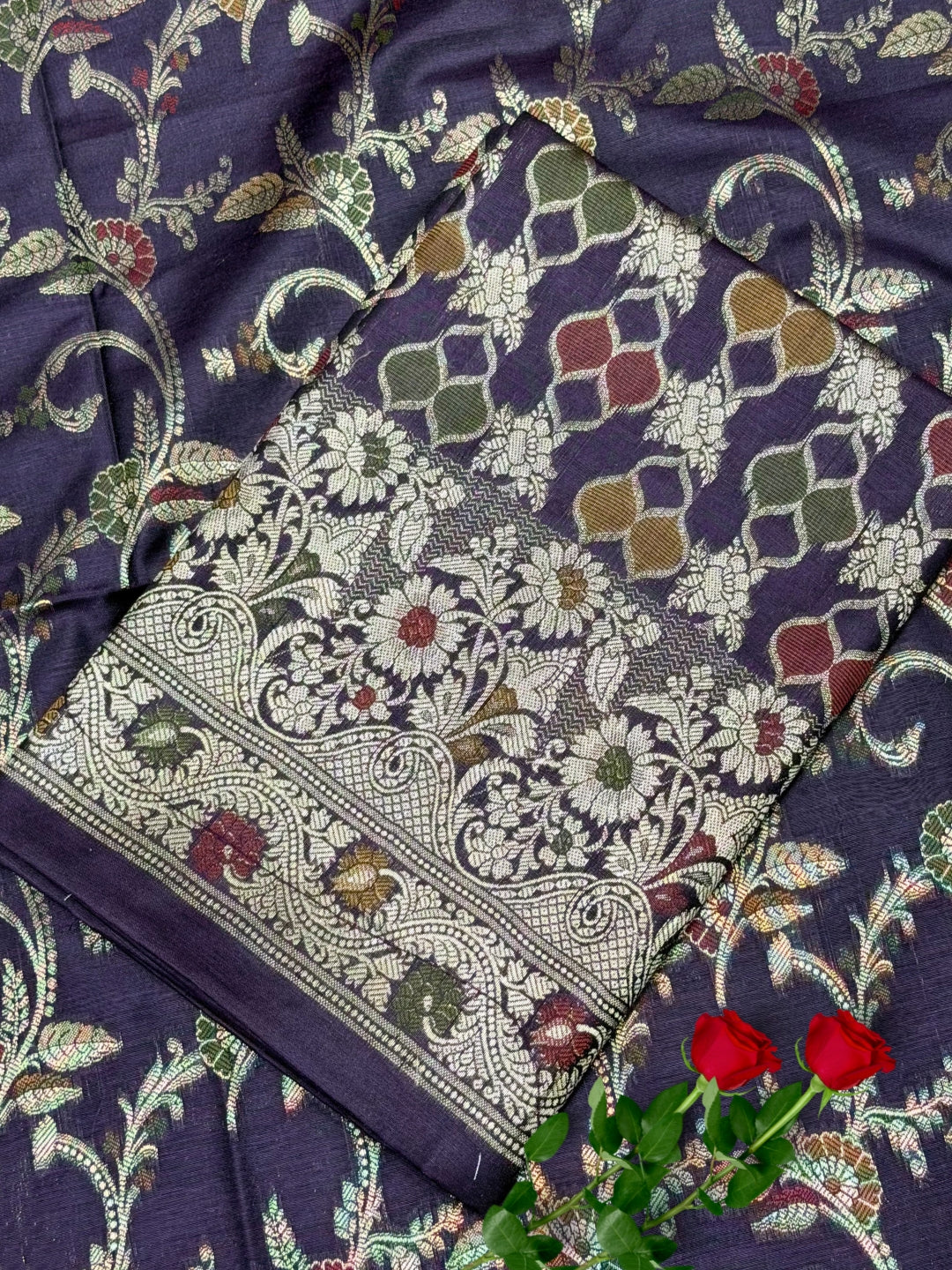 Zari Meenakari Weaving Banarasi Silk Dress Material with Intricate Floral Jhalar Dupatta