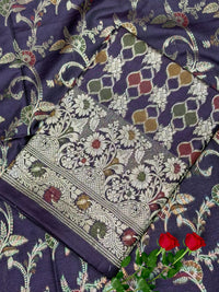 Zari Meenakari Weaving Banarasi Silk Dress Material with Intricate Floral Jhalar Dupatta