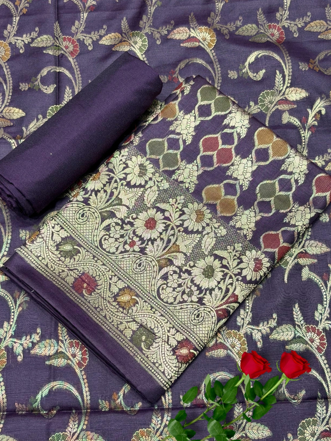 Zari Meenakari Weaving Banarasi Silk Dress Material with Intricate Floral Jhalar Dupatta