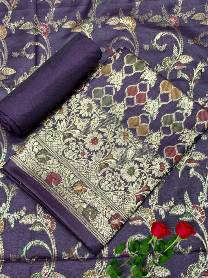 Zari Meenakari Weaving Banarasi Silk Dress Material with Intricate Floral Jhalar Dupatta