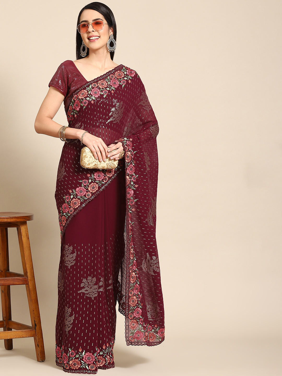 Sequin Embellished & Resham Embroidered Georgette Scalloped  Saree