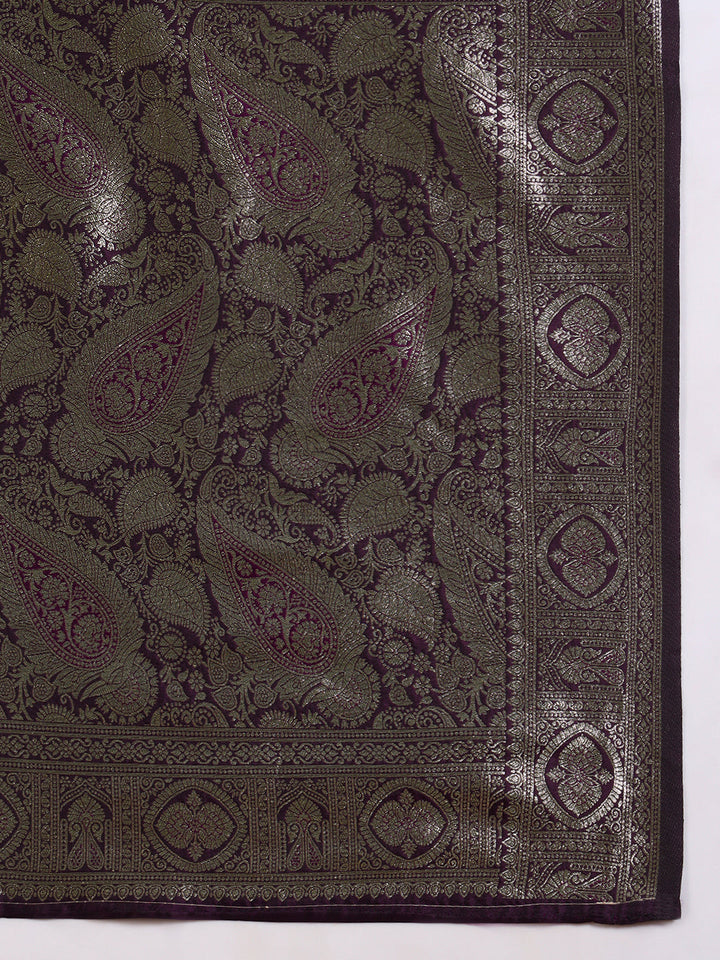 Banarasi Intricate Floral Motifs Zari Hand Woven Traditional Handloom Satin Silk Saree