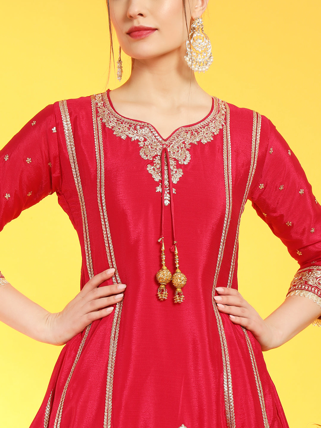 Intricate Zari Gotta Patti Embroidered Kurta Dhoti Set & Scalloped Organza Dupatta