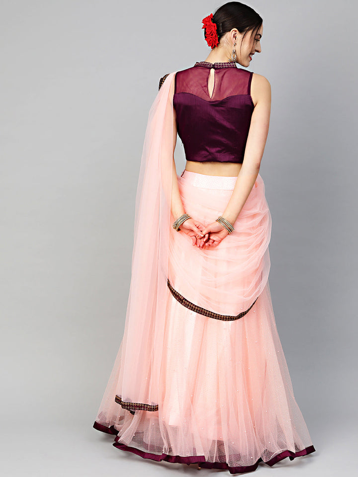 Jeweled Choker Style Crop Top Lehenga with Attached Ruffled Dupatta