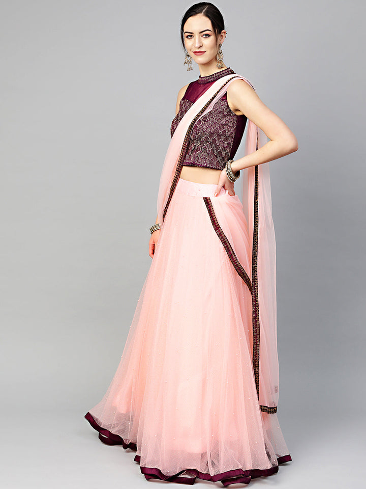 Jeweled Choker Style Crop Top Lehenga with Attached Ruffled Dupatta