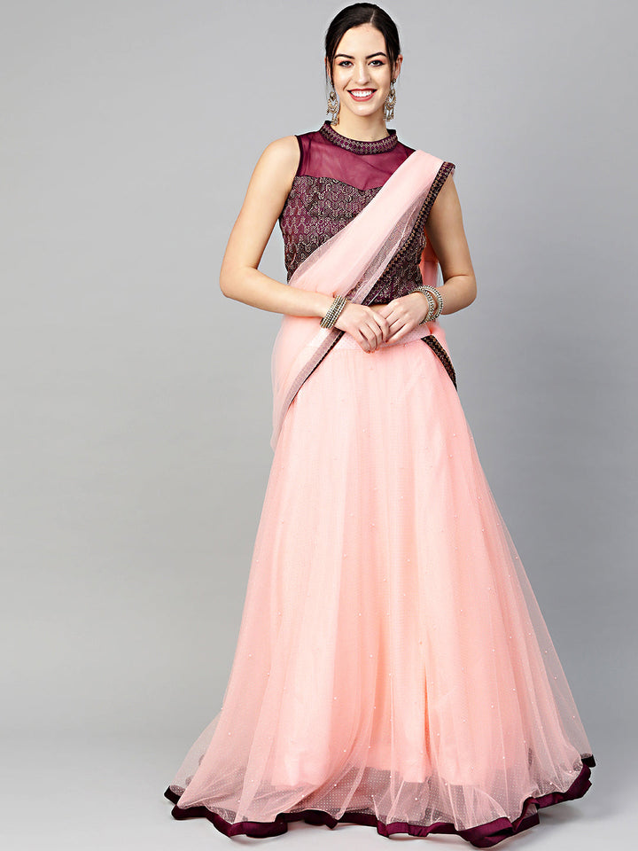 Jeweled Choker Style Crop Top Lehenga with Attached Ruffled Dupatta