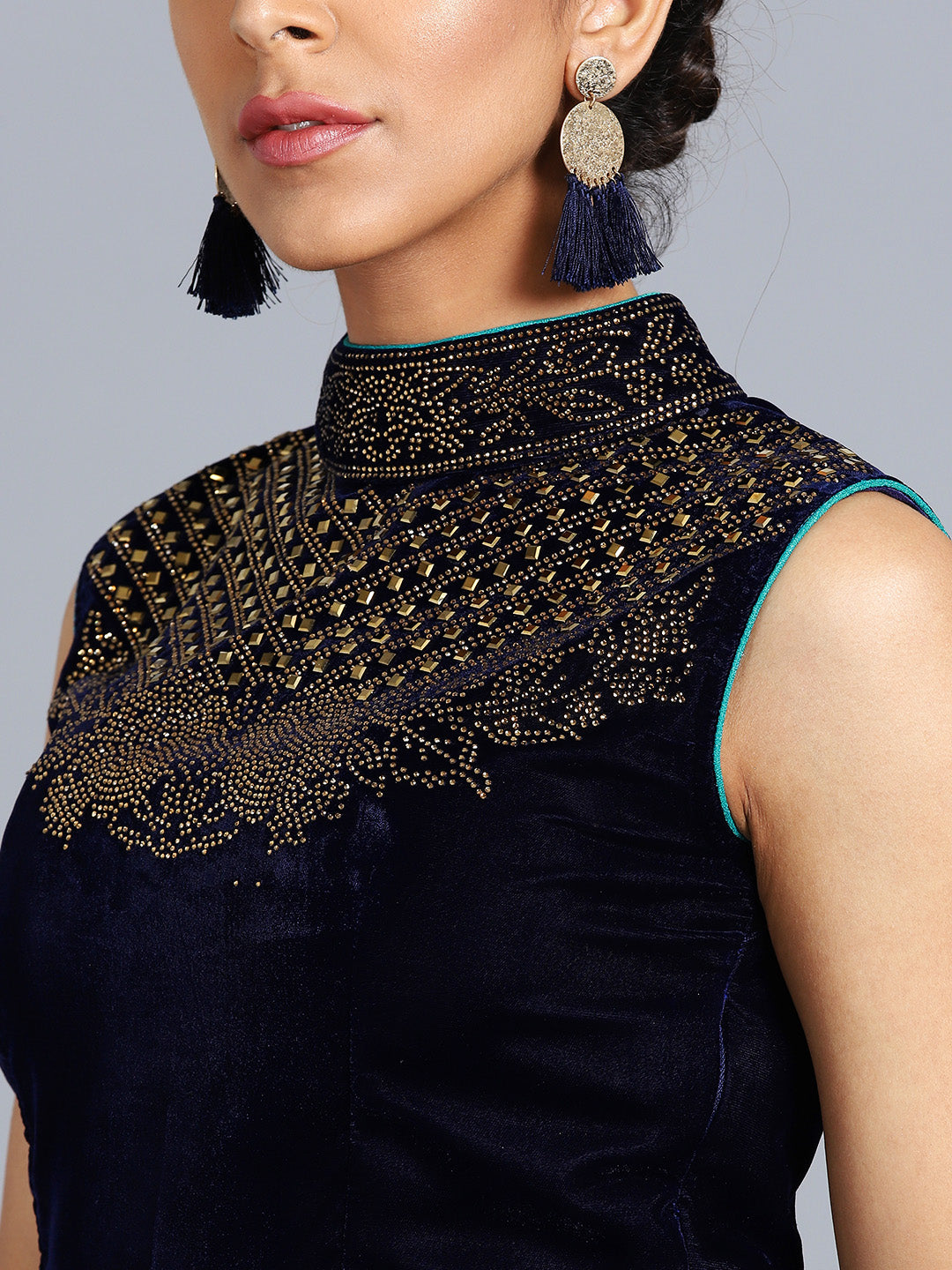 Hand Embellished High Neck Crop Top Lehenga Choli