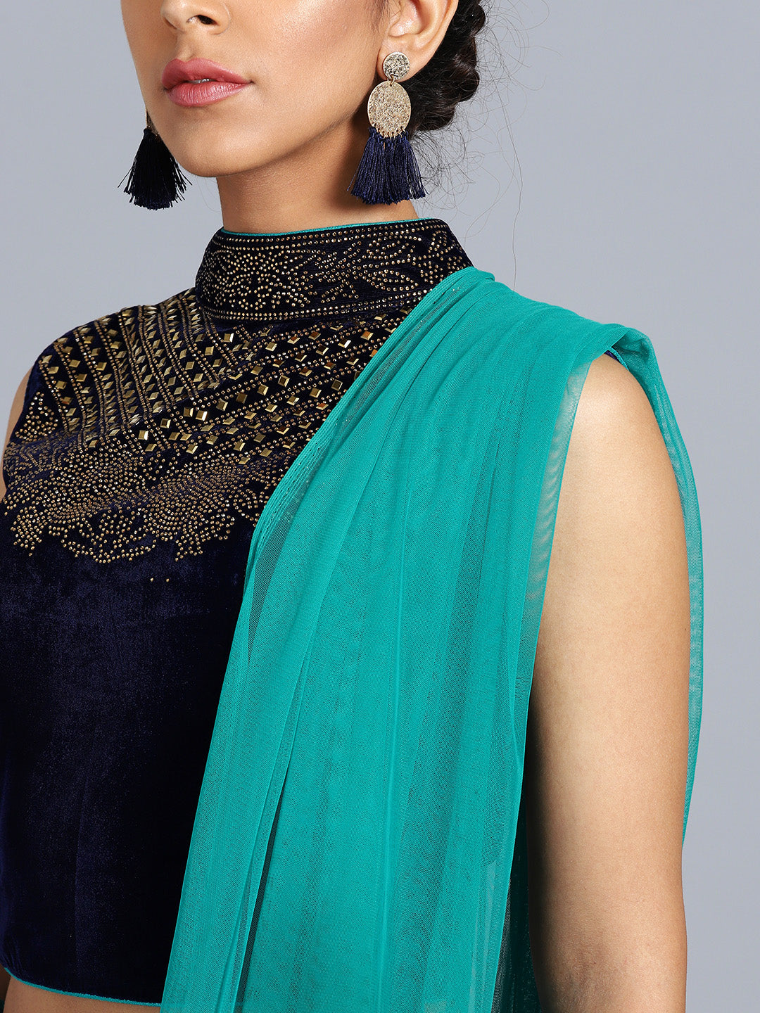 Hand Embellished High Neck Crop Top Lehenga Choli