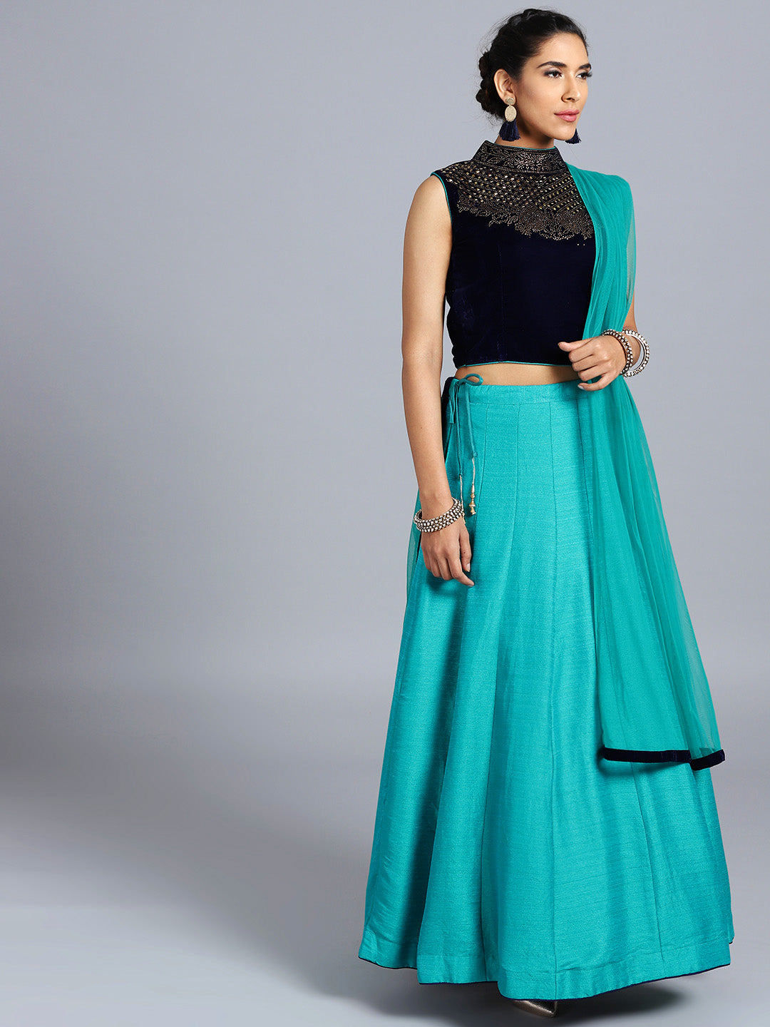 Hand Embellished High Neck Crop Top Lehenga Choli