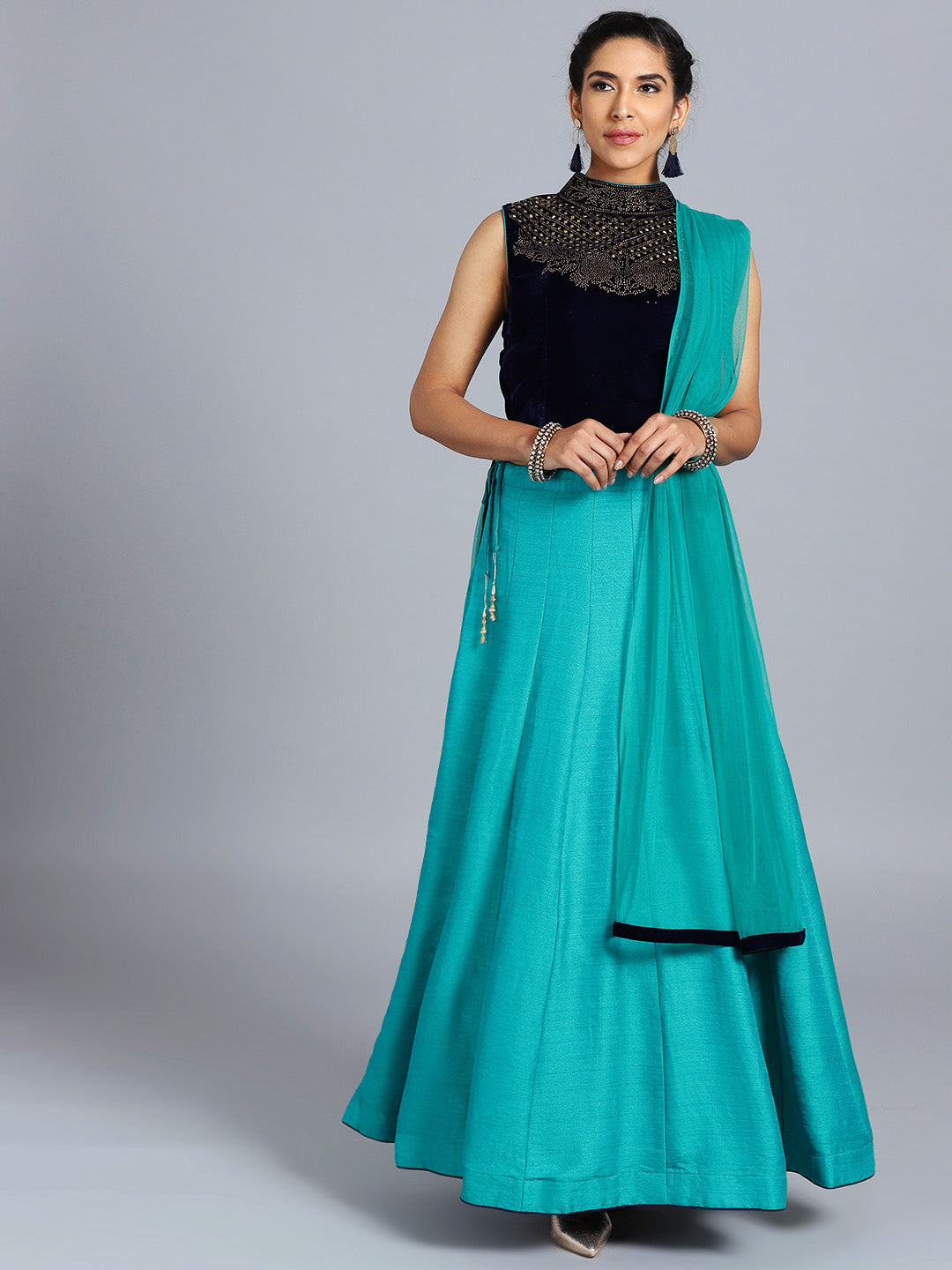 Hand Embellished High Neck Crop Top Lehenga Choli