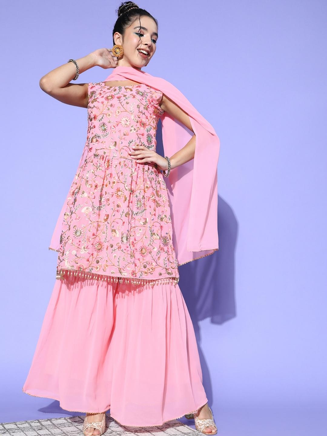 MultiColor Embroidery Peplum Kurta with Flared Sharara
