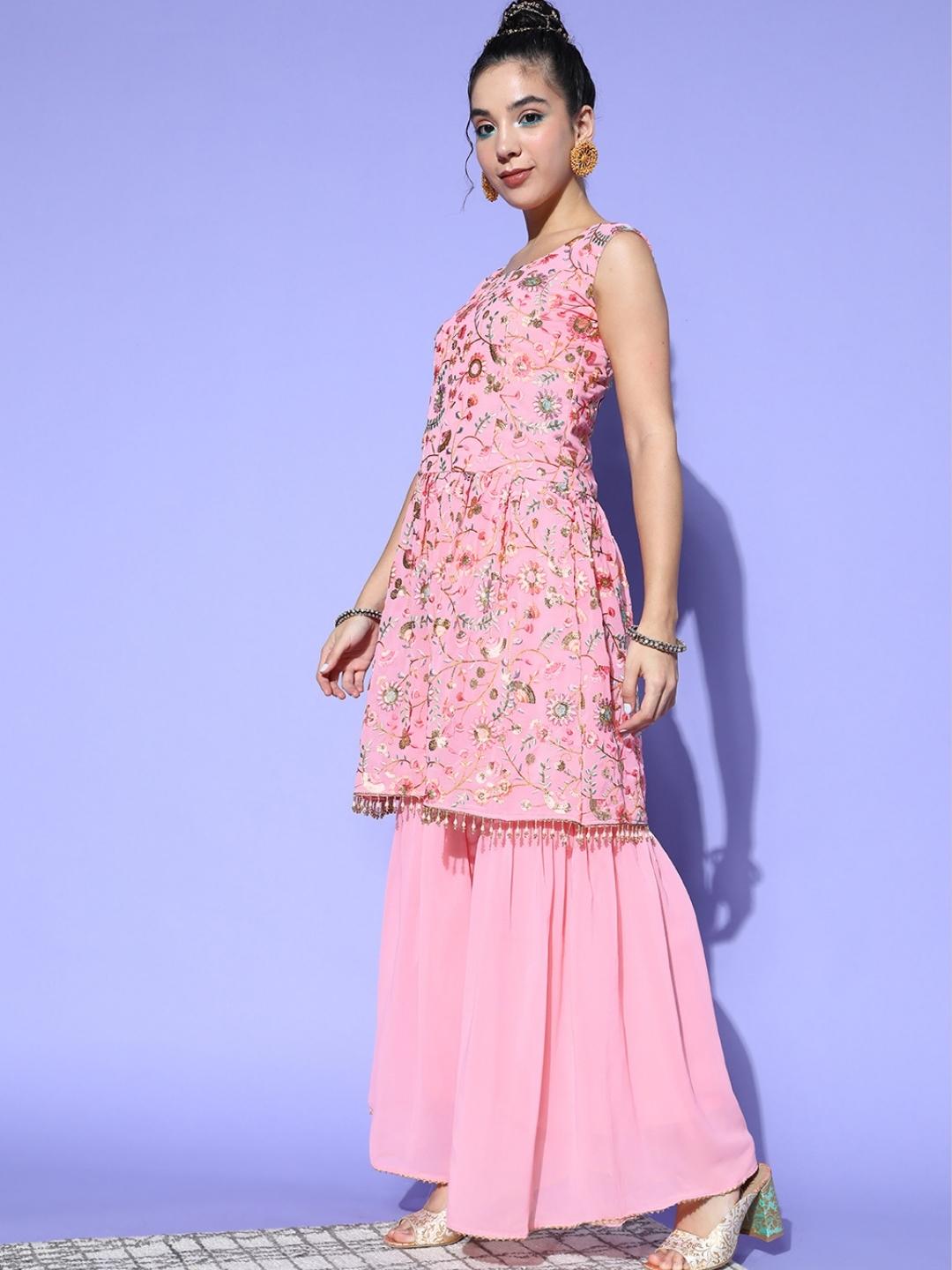 MultiColor Embroidery Peplum Kurta with Flared Sharara