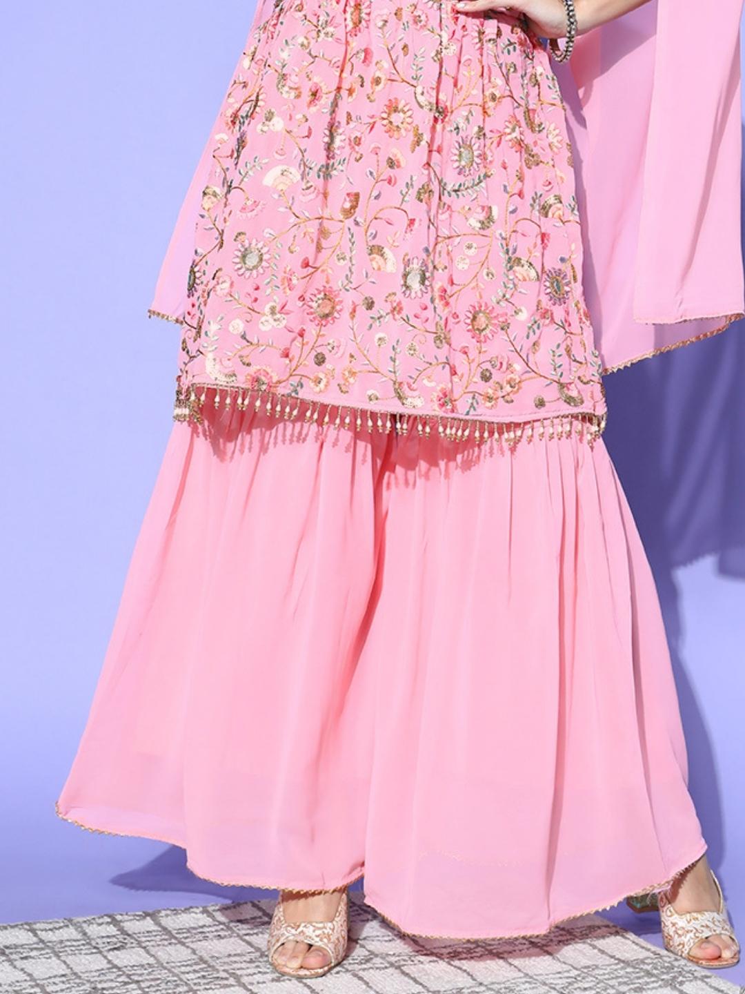 MultiColor Embroidery Peplum Kurta with Flared Sharara