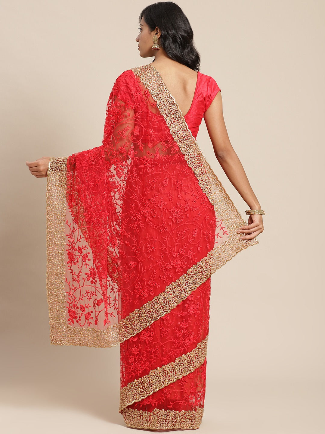 Red Net Resham Embroidered Saree With Pearls, Cut work Border & Embroidered belt