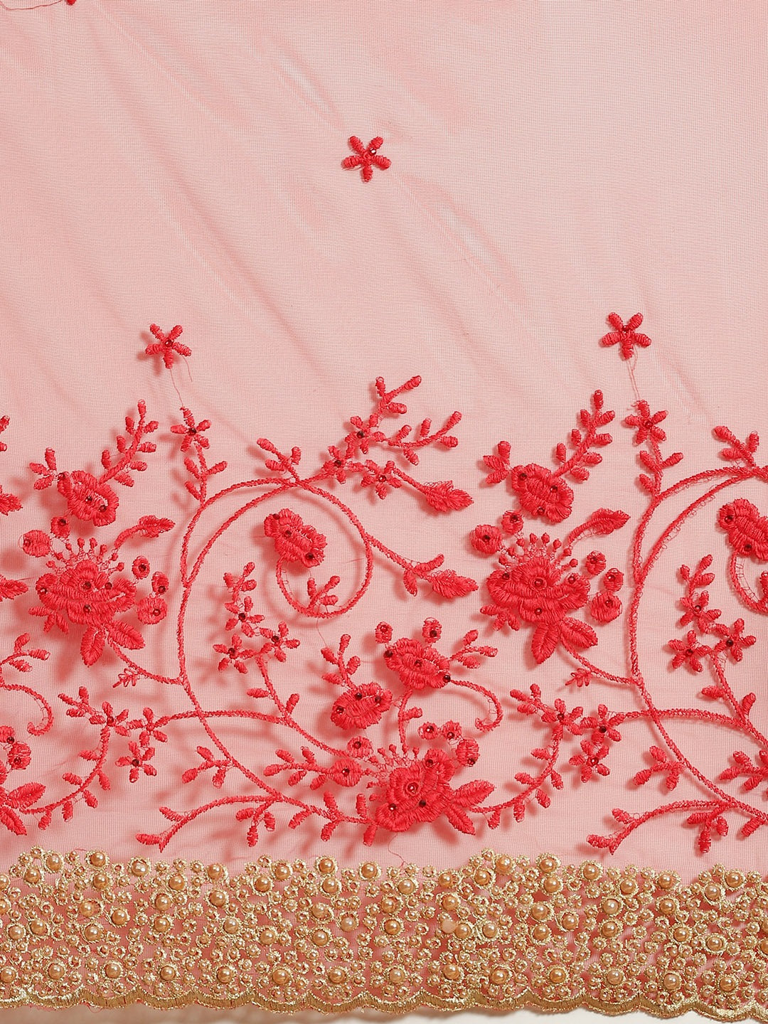 Red Net Resham Embroidered Saree With Pearls, Cut work Border & Embroidered belt