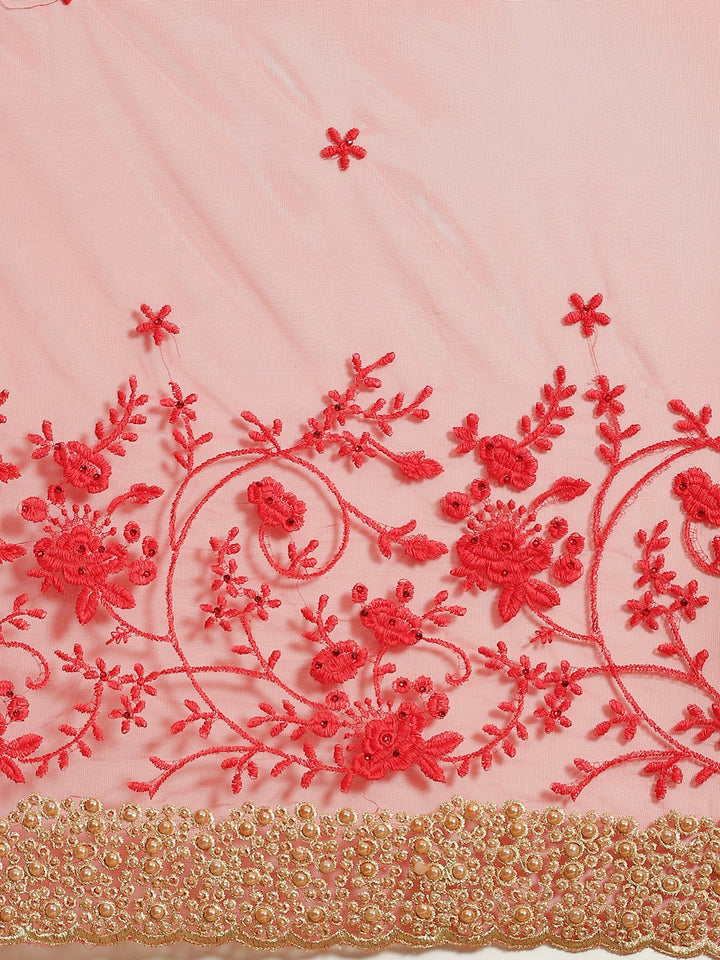 Red Net Resham Embroidered Saree With Pearls, Cut work Border & Embroidered belt
