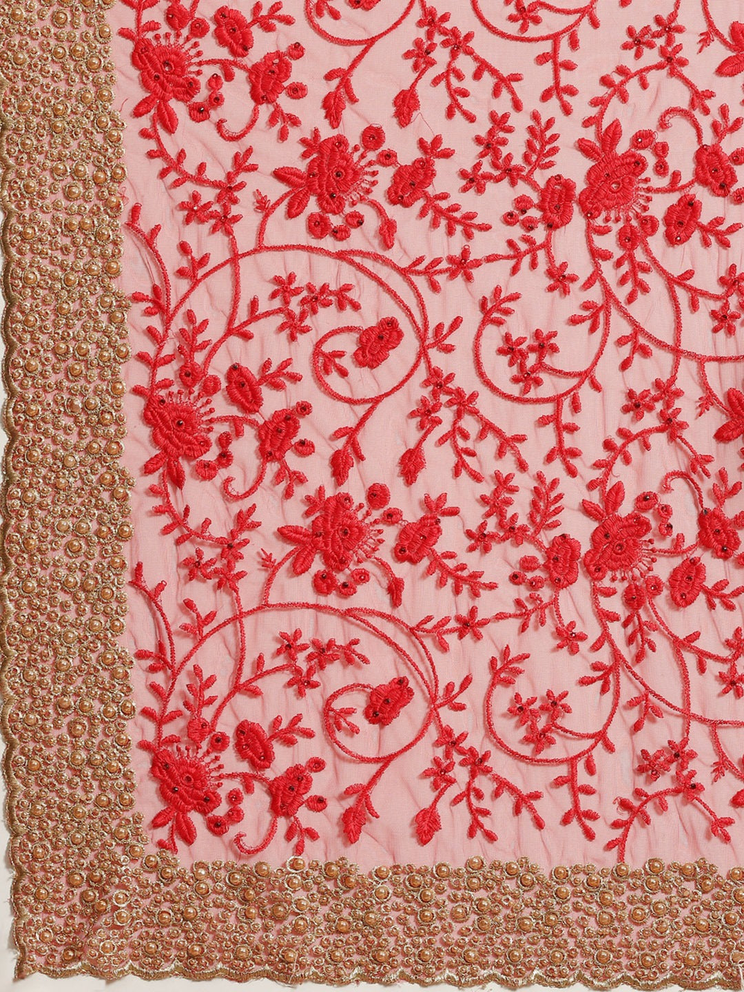 Red Net Resham Embroidered Saree With Pearls, Cut work Border & Embroidered belt