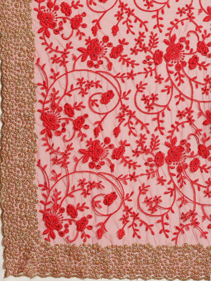 Red Net Resham Embroidered Saree With Pearls, Cut work Border & Embroidered belt