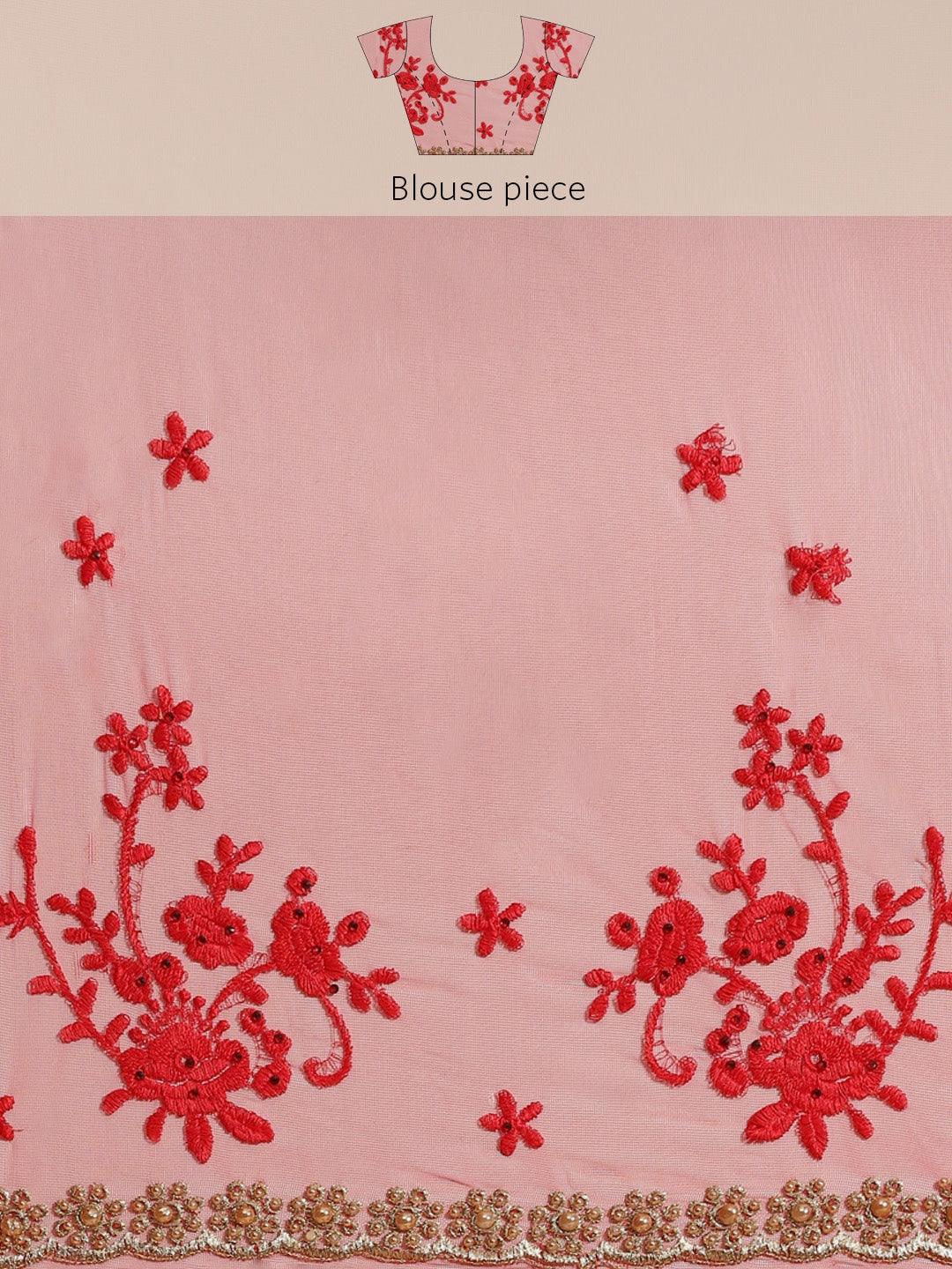 Red Net Resham Embroidered Saree With Pearls, Cut work Border & Embroidered belt