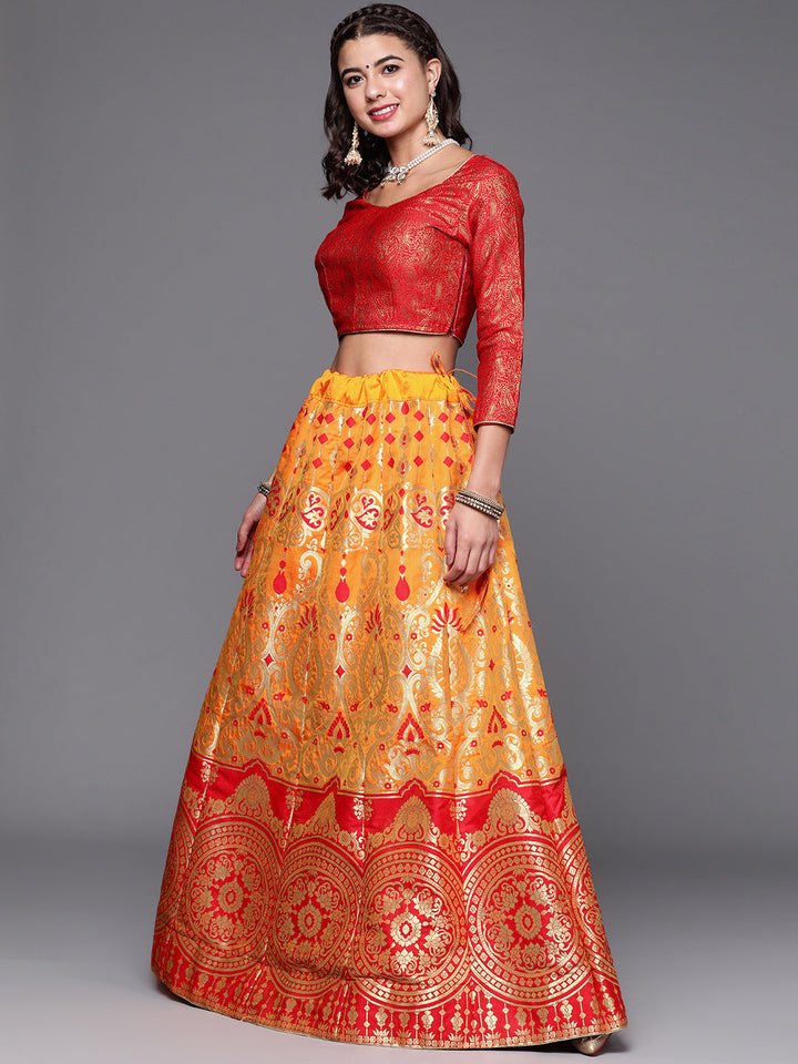 Mustard & Red Semi Stitched Banarasi Brocade Silk Lehenga Set with Zari & Resham Weaving