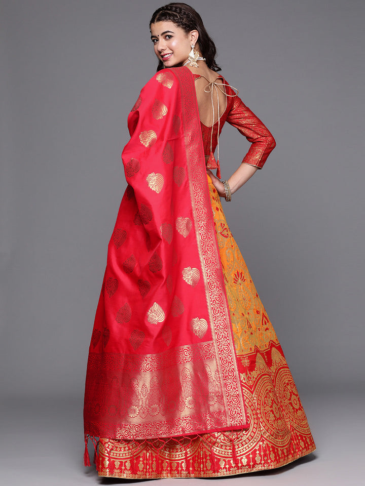 Mustard & Red Semi Stitched Banarasi Brocade Silk Lehenga Set with Zari & Resham Weaving