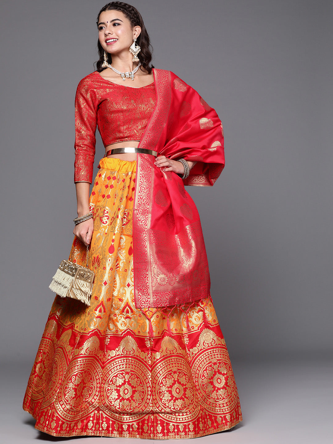 Mustard & Red Semi Stitched Banarasi Brocade Silk Lehenga Set with Zari & Resham Weaving