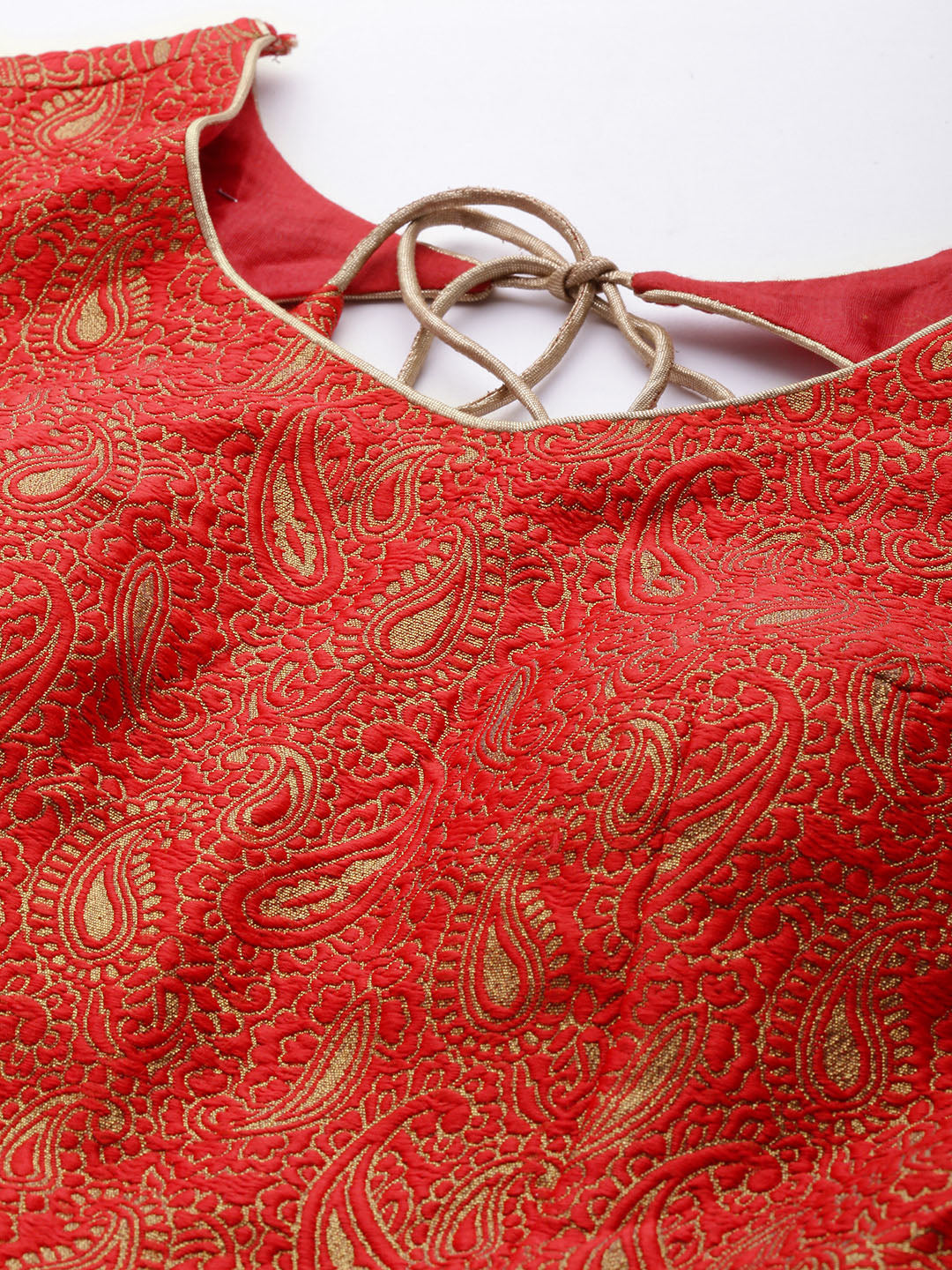 Mustard & Red Semi Stitched Banarasi Brocade Silk Lehenga Set with Zari & Resham Weaving