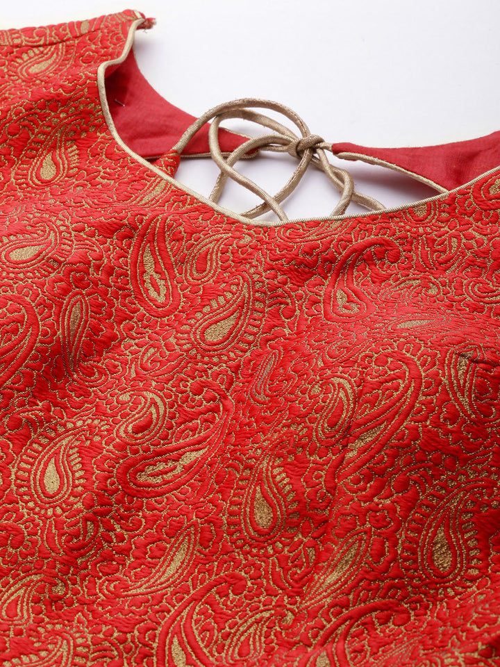 Mustard & Red Semi Stitched Banarasi Brocade Silk Lehenga Set with Zari & Resham Weaving