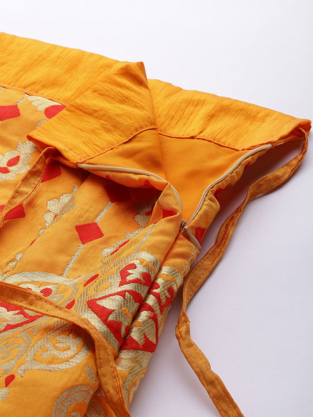 Mustard & Red Semi Stitched Banarasi Brocade Silk Lehenga Set with Zari & Resham Weaving