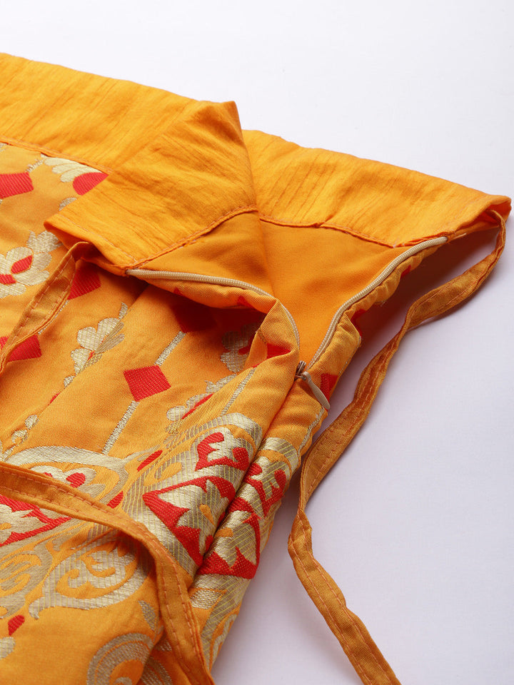 Mustard & Red Semi Stitched Banarasi Brocade Silk Lehenga Set with Zari & Resham Weaving