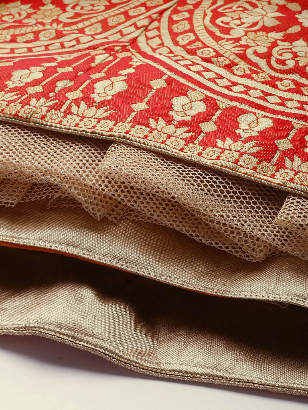 Mustard & Red Semi Stitched Banarasi Brocade Silk Lehenga Set with Zari & Resham Weaving