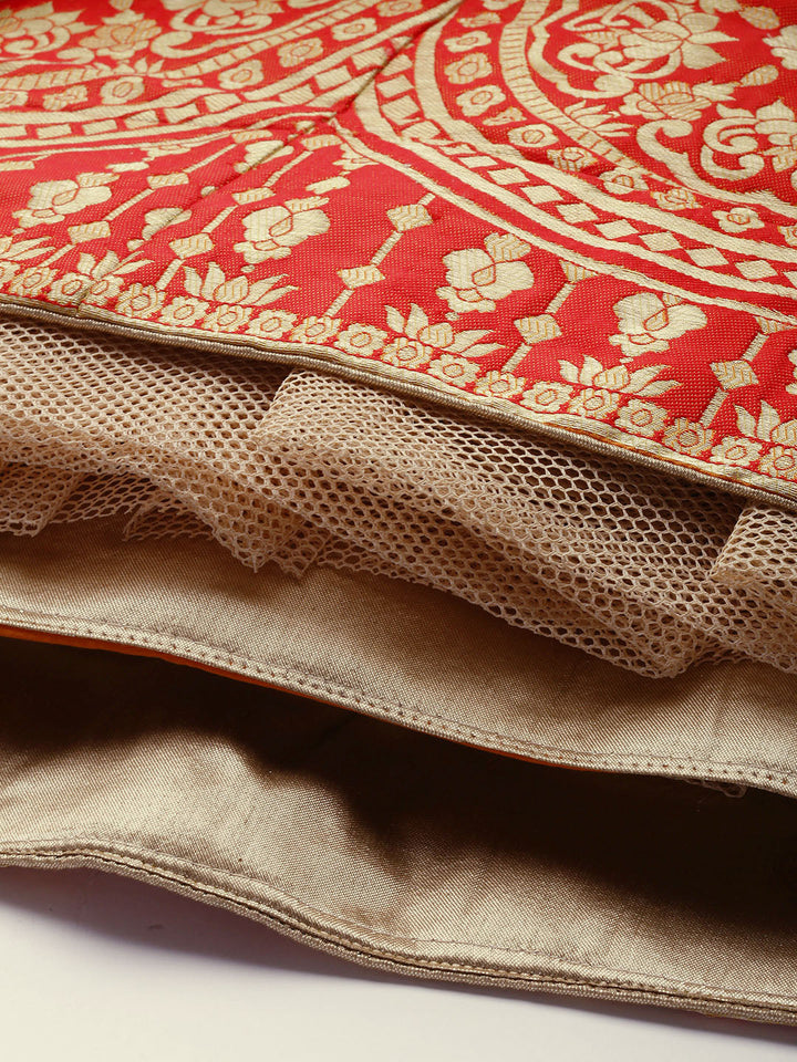 Mustard & Red Semi Stitched Banarasi Brocade Silk Lehenga Set with Zari & Resham Weaving