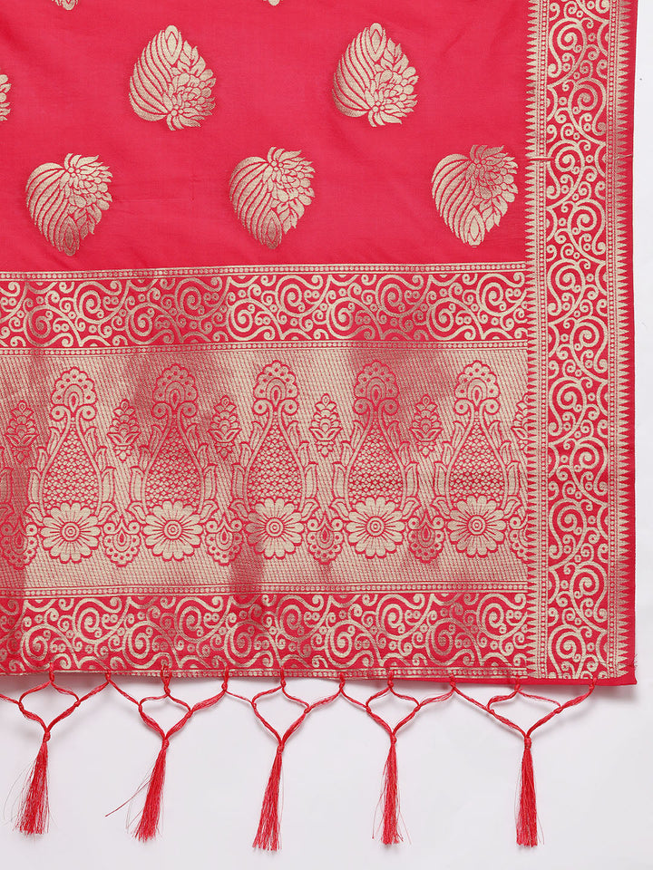 Mustard & Red Semi Stitched Banarasi Brocade Silk Lehenga Set with Zari & Resham Weaving