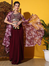 Tasseled Indo-western Crop-Top Set with Floral Print Shrug