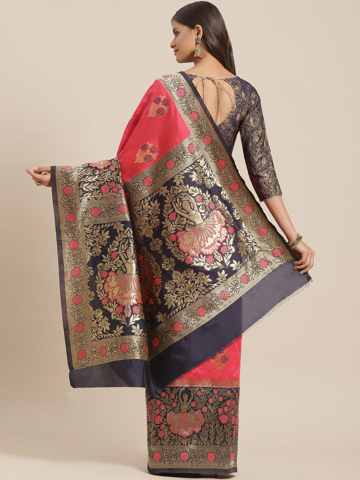 Pink Resham & Gold Zari Woven Silk Saree With Floral & Ethnic Motifs