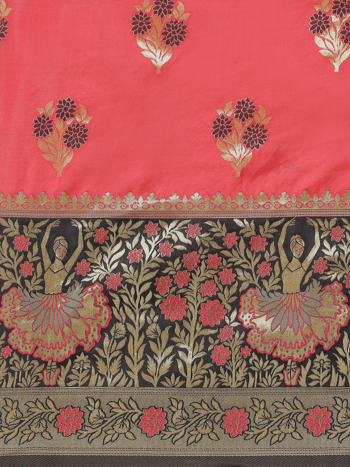 Pink Resham & Gold Zari Woven Silk Saree With Floral & Ethnic Motifs