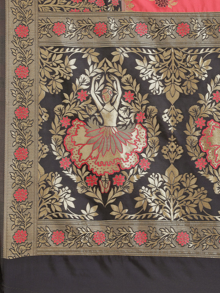 Pink Resham & Gold Zari Woven Silk Saree With Floral & Ethnic Motifs