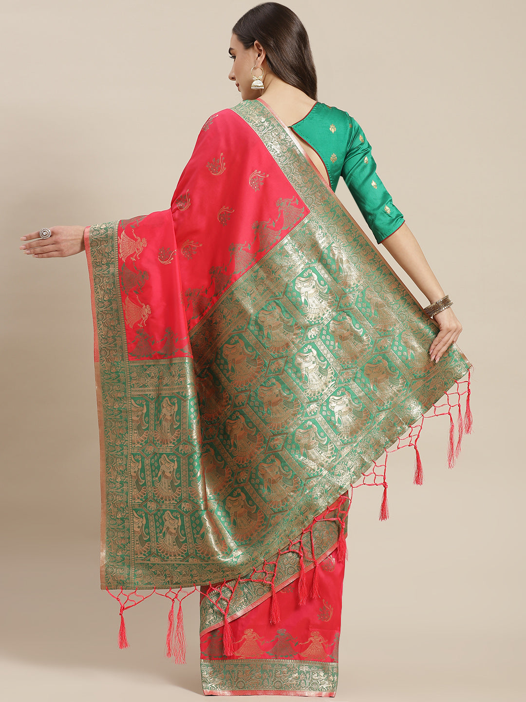 Pink Baluchari Saree with Zari & Resham woven Dancing Pictoral motifs