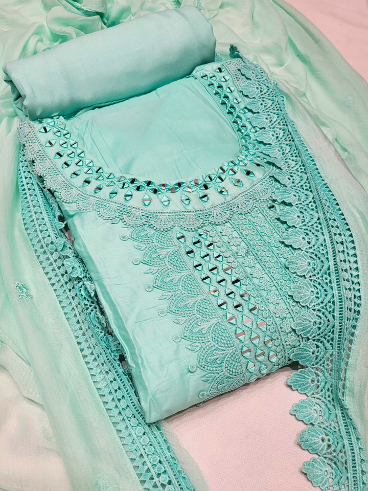 Chhabra 555 Mirror Embellished & Resham Embroidered Cotton Suit Dupatta with Crochet Cut work Laces